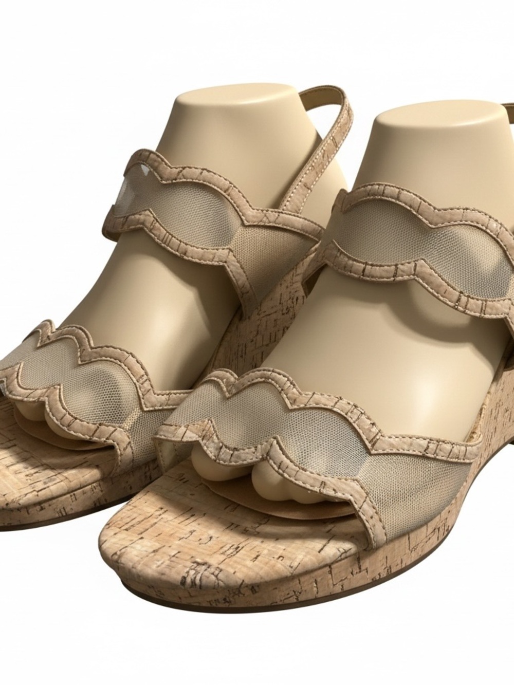 Vaneli Beige Scalloped Cork Wedge Sandals